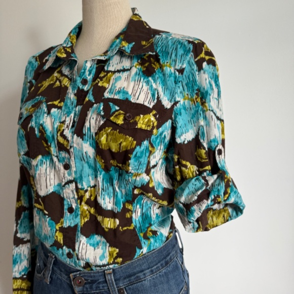 Jones New York Sport - Brown and Blue Floral Long Sleeve Button Down Shirt - Picture 7 of 11